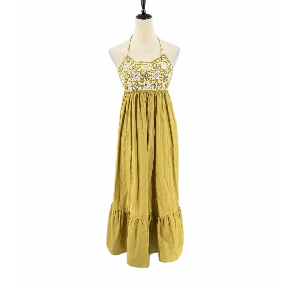 Zara Olive Beaded Crochet Boho Coastal Cowgirl Cottagecore Festival Maxi Dress